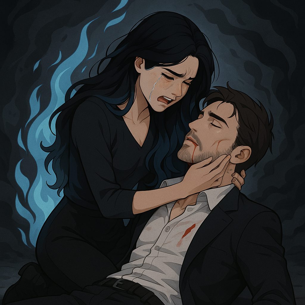 Darcy holding an injured Orion at the end of Shadow Princess
