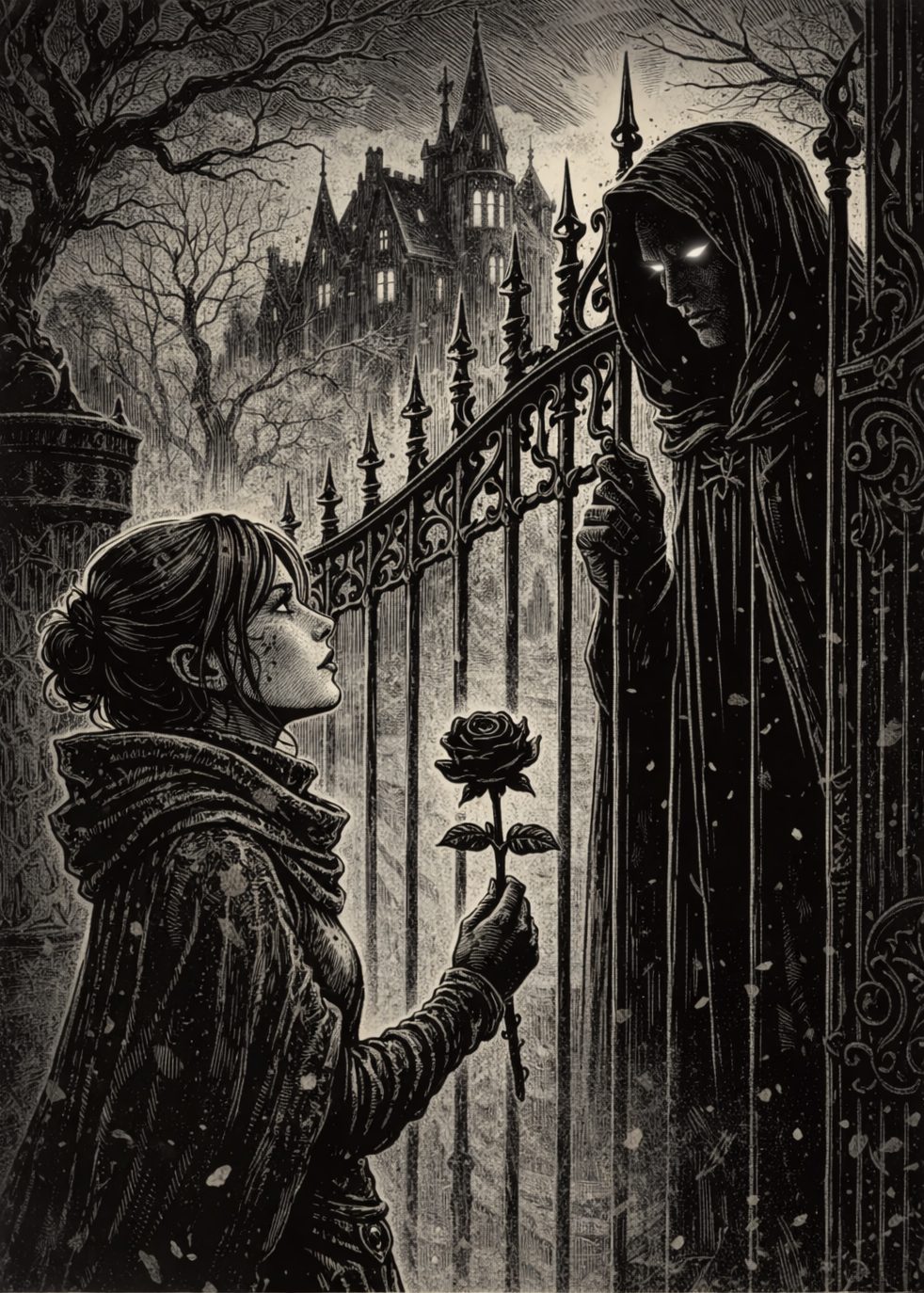 Lilith arriving at Vale's gate with a black rose in Six Scorched Roses